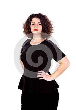 Beautiful curvy girl with black dress and red lips