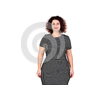 Beautiful curvy girl with striped dress and red lips