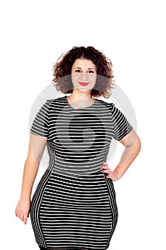 Beautiful curvy girl with striped dress and red lips