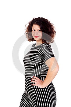 Beautiful curvy girl with striped dress and red lips