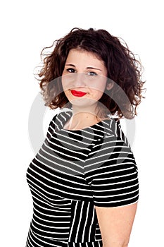 Beautiful curvy girl with striped dress and red lips