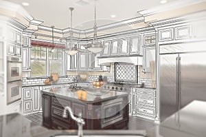 Beautiful Custom Kitchen Design Drawing with Ghosted Photo Behind