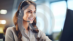 Beautiful customer support phone operator in headset, smiling at camera. Generative AI