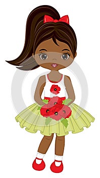 Beautiful Cute African American Girl Holding Bouquet of Red Poppies. Vector Black Girl with Poppies