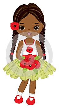 Beautiful Cute African American Girl Holding Bouquet of Red Poppies. Vector Black Girl with Poppies