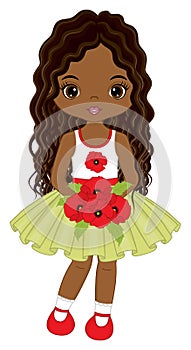 Beautiful Cute African American Girl Holding Bouquet of Red Poppies. Vector Black Girl with Poppies