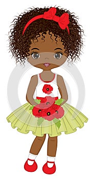 Beautiful Cute African American Girl Holding Bouquet of Red Poppies. Vector Black Girl with Poppies