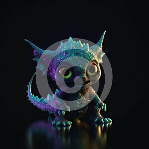 Beautiful Cute Baby Gremlin Shape In Green Purple Fire On Black Background Dazzling And Radiant. Generative AI