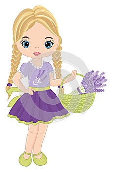 Beautiful Cute Girl Holding Basket of Lavender. Vector Blond Girl with Lavender