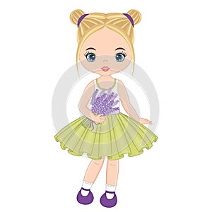 Beautiful Cute Girl Holding Bouquet of Lavender. Vector Blond Girl with Lavender
