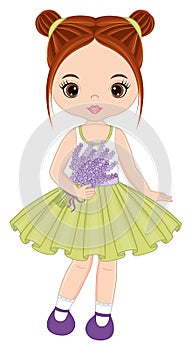 Beautiful Cute Girl Holding Bouquet of Lavender. Vector Redheaded Girl with Lavender