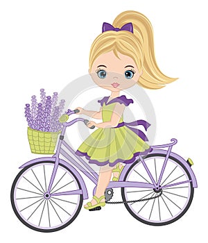 Beautiful Cute Girl Riding Bicycle with Basket of Lavender. Vector Young Girl with Lavender.