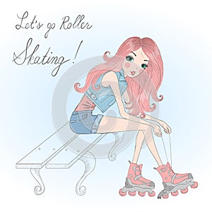 Beautiful, cute girl sitting and tie shoelaces on roller skates. photo