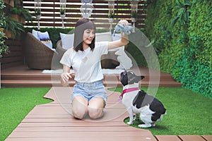 Beautiful cute girl with a smile Holding a blue doll in his hand Playing with the dogs happily in balcony full green plant