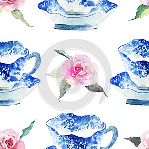 Beautiful cute graphic lovely artistic tender wonderful blue porcelain china tea cups with lovely pink roses flowers pattern water