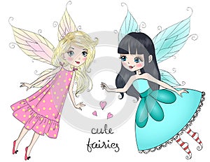 Beautiful cute little fairies girls with butterfly wings. Vector illustration.