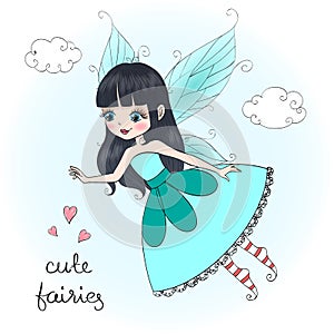 Beautiful cute little fairies girls with butterfly wings. Vector illustration.