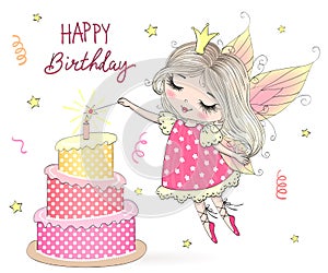 Beautiful, cute, little fairy girl Princess with big cake and inscription Happy Birthday. Vector illustration.