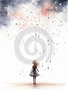 Beautiful cute little girl in glowing cloud of magical dandelion sparkle. Fairy tale illustration