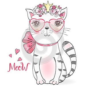 Beautiful cute little girl kitty with flowers. Vector illustration.