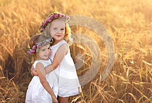 Beautiful cute little sister girls in white dresses with wreaths of purple clover flowers on their heads are hugging in a field wi