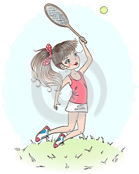 Beautiful, cute, little tennis girl. Vector illustration.