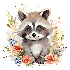 beautiful Cute Raccoon nursery watercolor clipart illustration