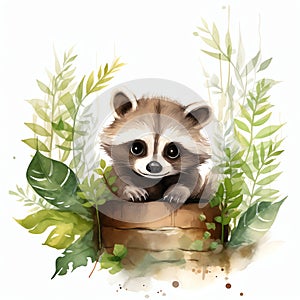 beautiful Cute Raccoon nursery watercolor clipart illustration