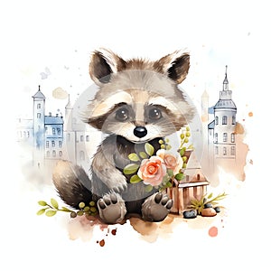 beautiful Cute Raccoon nursery watercolor clipart illustration