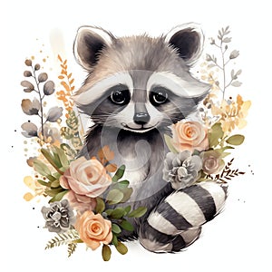 beautiful Cute Raccoon nursery watercolor clipart illustration