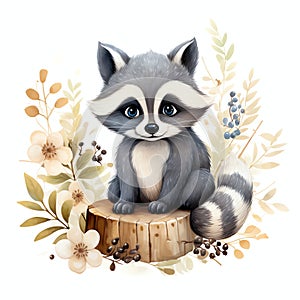 beautiful Cute Raccoon nursery watercolor clipart illustration