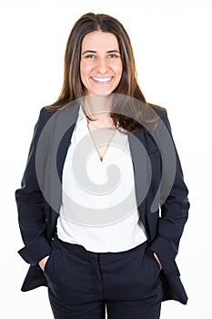 Beautiful cute smiling woman in businesswoman clothes suit on white background