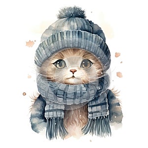 Beautiful cute watercolor illustration of a cat in a knitted hat and scarf for a children's book isolated