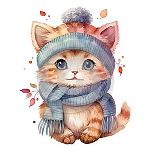 Beautiful cute watercolor illustration of a cat in a knitted hat and scarf for a children's book isolated