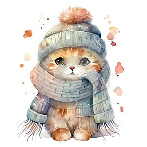 Beautiful cute watercolor illustration of a cat in a knitted hat and scarf for a children's book isolated