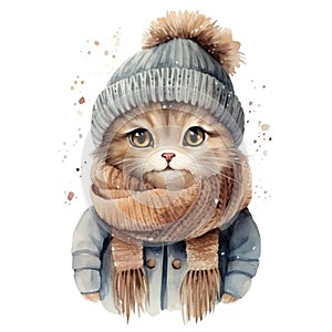 Beautiful cute watercolor illustration of a cat in a knitted hat and scarf for a children's book isolated