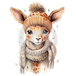 Beautiful cute watercolor illustration of a giraffe in a fox hat and scarf for a children's book isolated