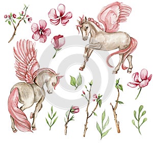 Beautiful, cute, white unicorn with pink wings and pink flowers set. For nursery, baby shower, invitation for birthday party.