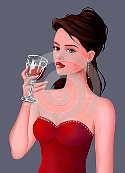 beautiful cute young woman young girl and wine glass in hand , in red dress