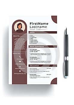 Beautiful CV - Resume template - Simple design with photo - Brown color background vector