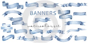 Beautiful cyan blue watercolor banner ribbons set