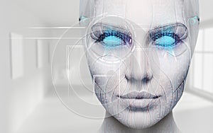 Beautiful cyborg female face with blue eyes.