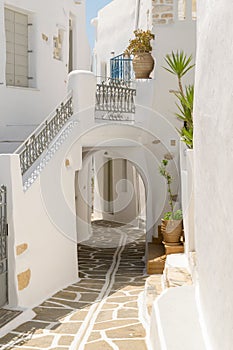 Beautiful cyclades architecture of an alley at a local village Prodromos in Paros island in Greece.