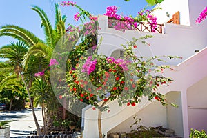 Beautiful Cyclades architecture of Kamari village Santorini Greece