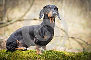 Beautiful dachshund, black and tan, in the forest in spring. Dog standing on the stump with moss