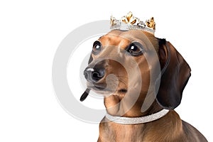 Beautiful Dachshund Dog In Gold Crown On Isolated White Background