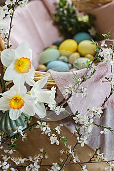 Beautiful daffodils on background of stylish natural dyed easter eggs with spring flowers on linen napkin in wicker basket. Rustic