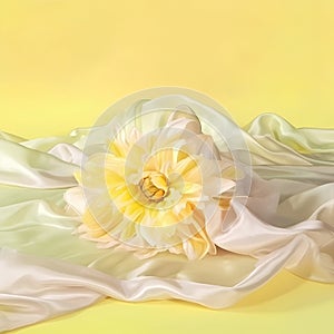 Beautiful dahlia flower on a yellow background with silk fabric