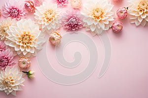 Beautiful Dahlia flowers on side of pastel pink background