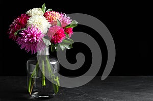 Beautiful dahlia flowers in vase on table against black background. Space for text
